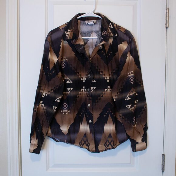 VTG Western Geometric Shirt Earth Tone Aztec Print Cotton Button Down L Circle T - Picture 1 of 8